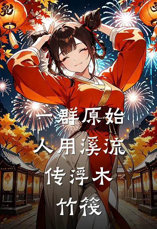 一群原始人用溪流传浮木,竹筏